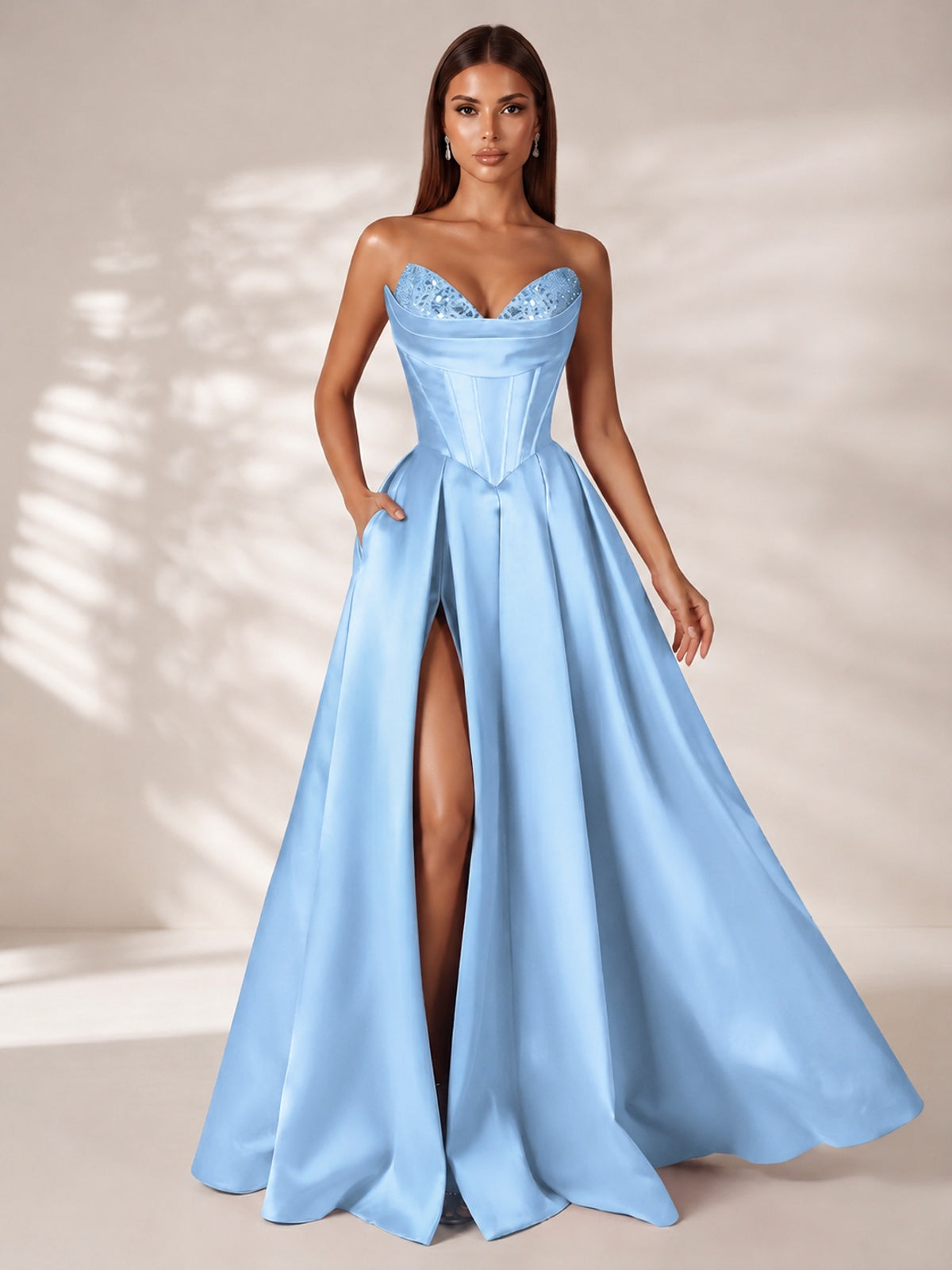 Strapless Corset Satin Prom Dress Long Evening Gown with High Slit