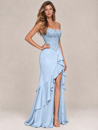 Strapless Lace Appliques Corset Satin Prom Dress Ruffle Slit Evening Gown