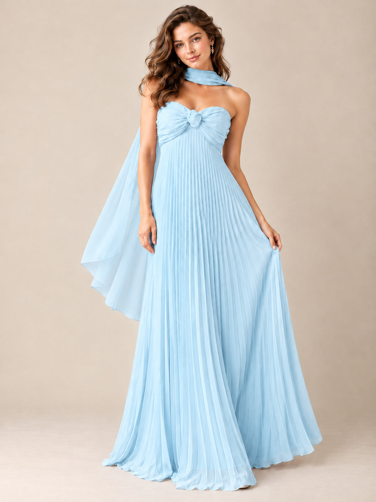Sweetheart Neckline Pleated Prom Dress Strapless A-line Formal Dress with Flowy Scarf