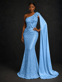 Gold Sequin One Shoulder Mermaid Prom Dress with Cape