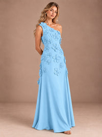 Sage Green One Shoulder Satin Formal Maxi Dress with 3D Floral