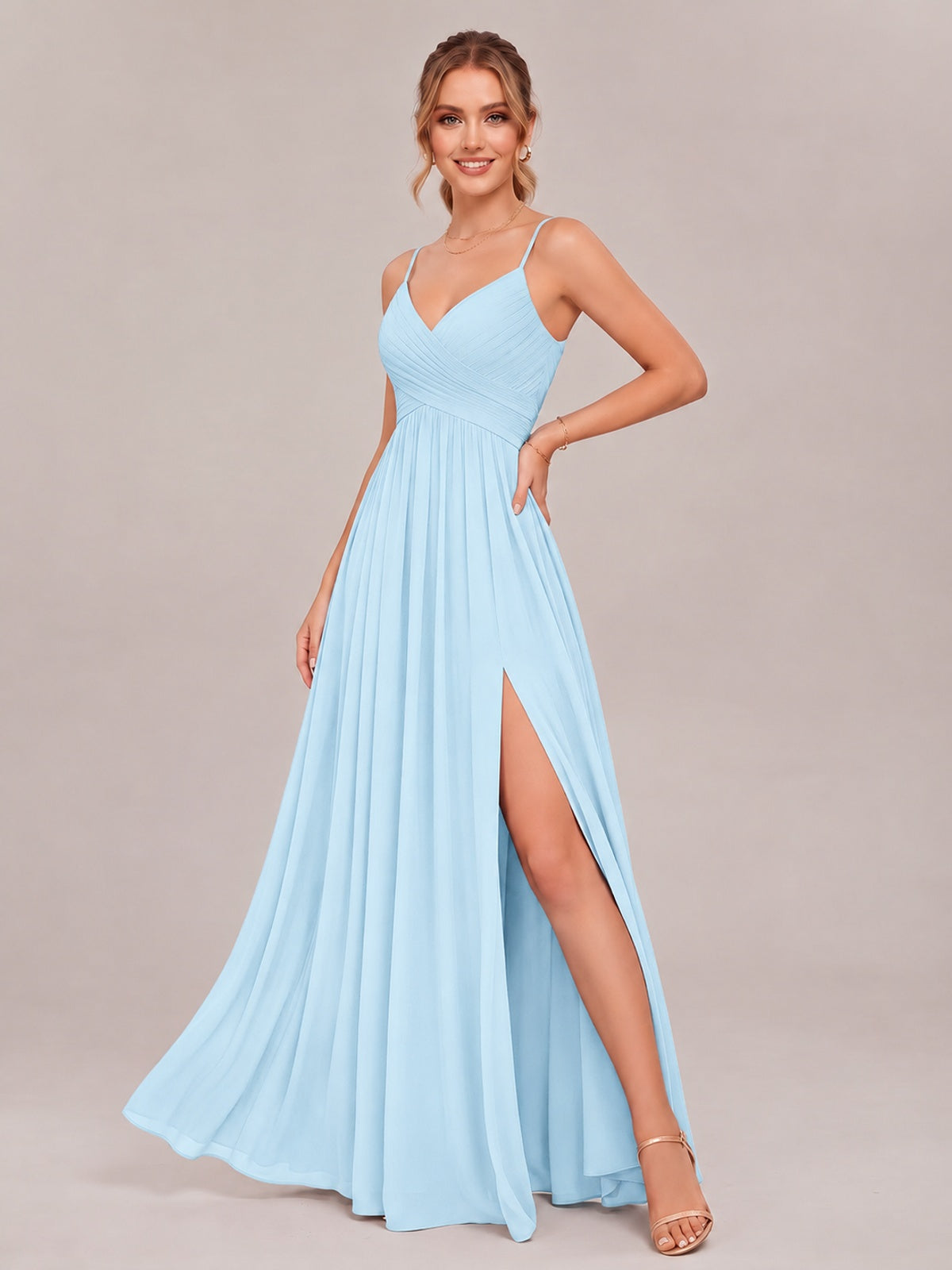 V-Neck Pleated Chiffon Long Bridesmaid Dress with Slit