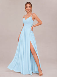 V-Neck Pleated Chiffon Long Bridesmaid Dress with Slit