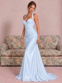 Sparkling Halter Corset Satin Mermaid Prom Dress