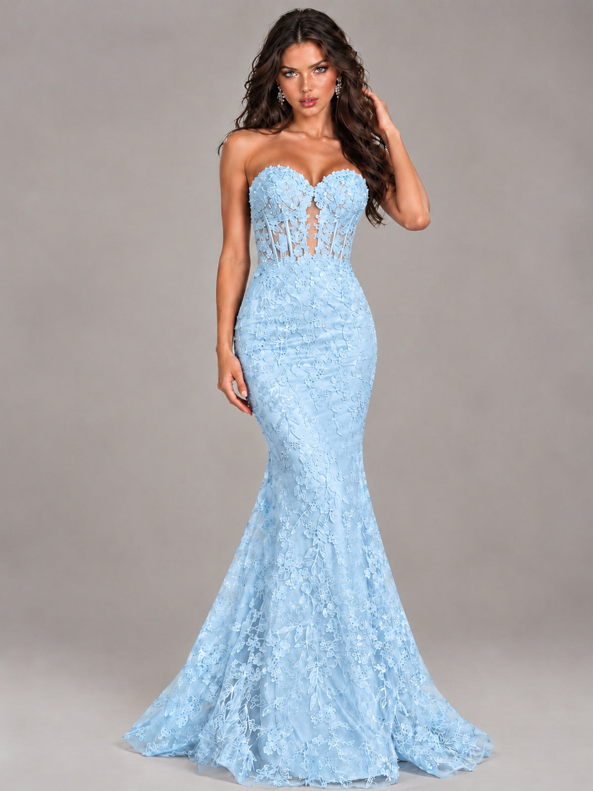 Strapless Corset Mermaid Prom Dress Lace Appliqué Formal Gown