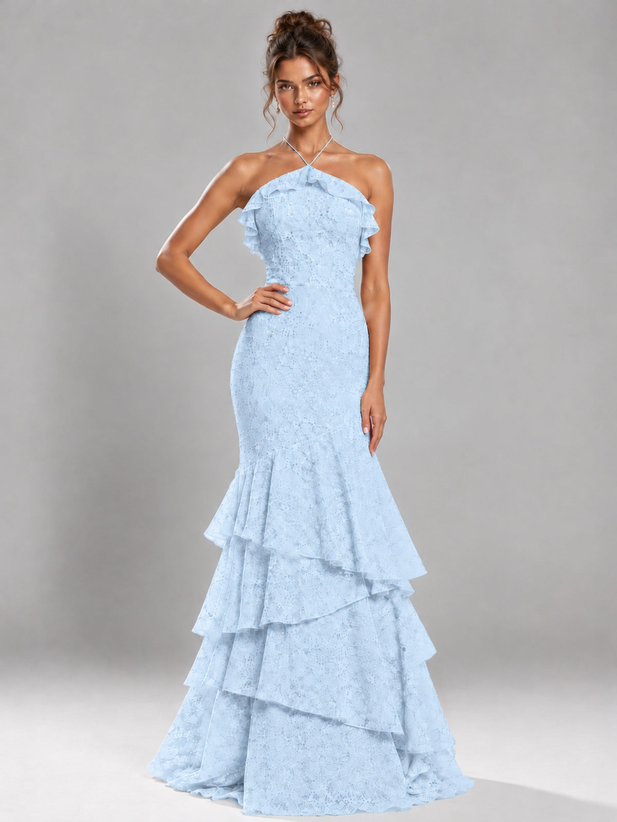 Halter Tiered Mermaid Prom Dress with Sparkly Lace