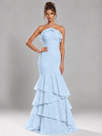 Halter Tiered Mermaid Prom Dress with Sparkly Lace