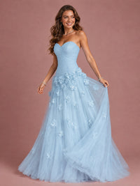 Blush Pink Strapless Sweetheart 3D Floral Tulle Ball Gown Prom Dres
