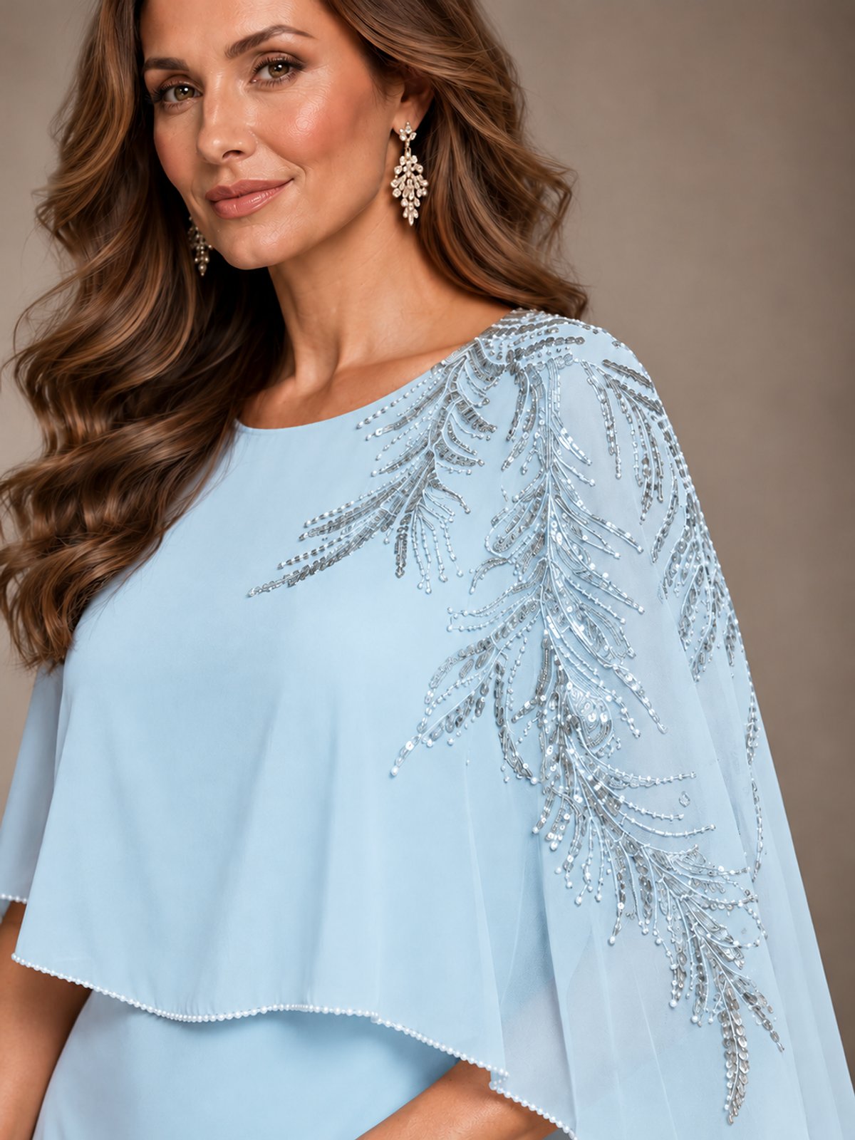Elegant Chiffon Cape Sleeve Beaded Mother of the Bride Dress