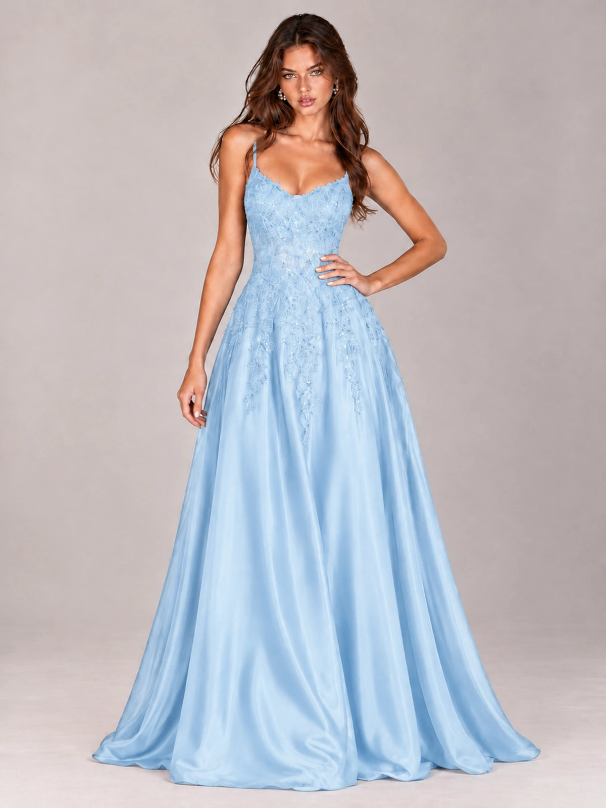 Lace Applique Satin A-Line Prom Dress with Sheer Bodice