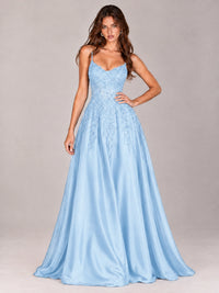 Lace Applique Satin A-Line Prom Dress with Sheer Bodice