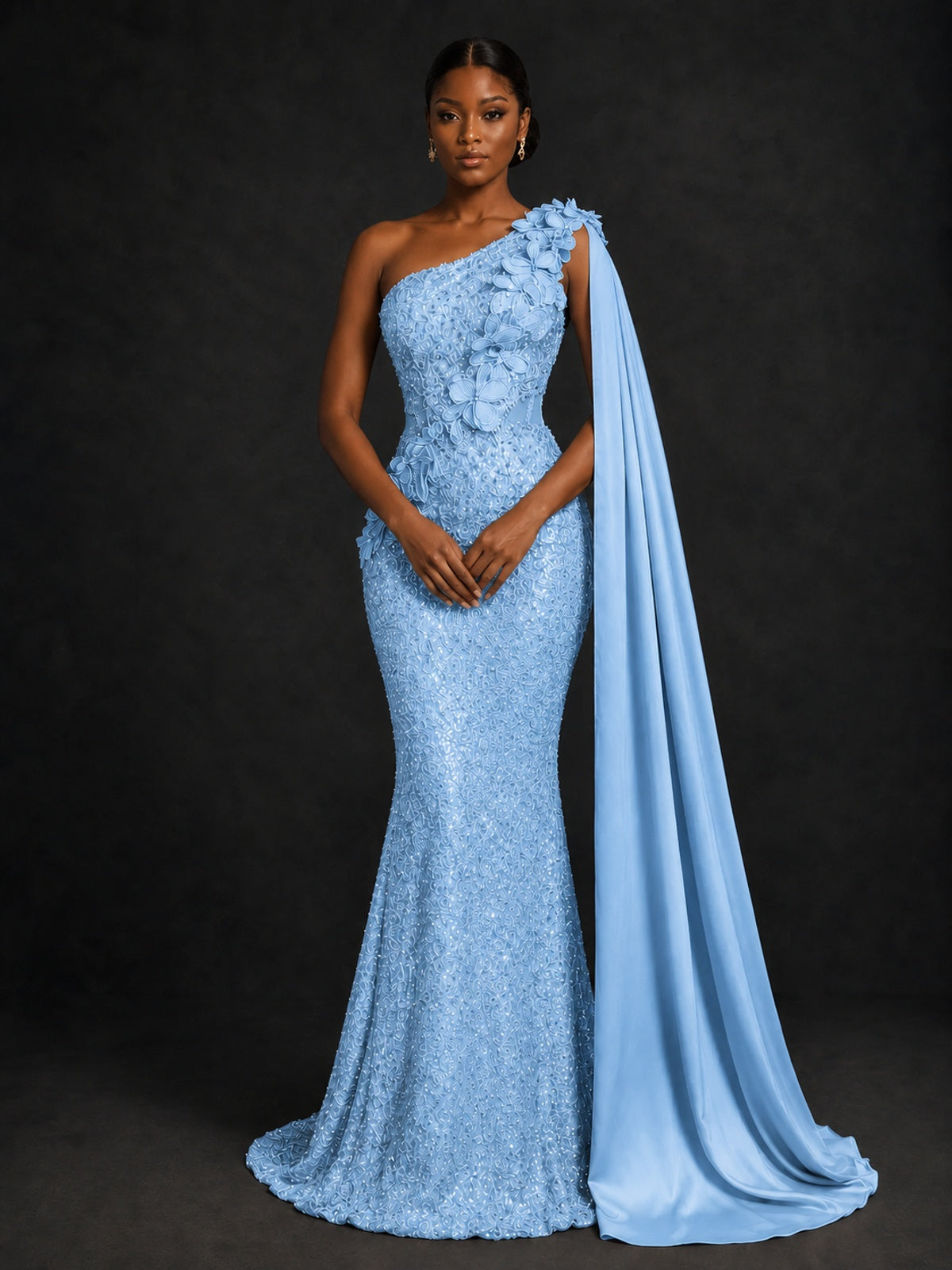 Gold Sequin One Shoulder Mermaid Prom Dress with Cape