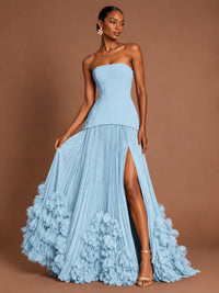Strapless Pleated Floral Satin Formal Dress with Side Slit