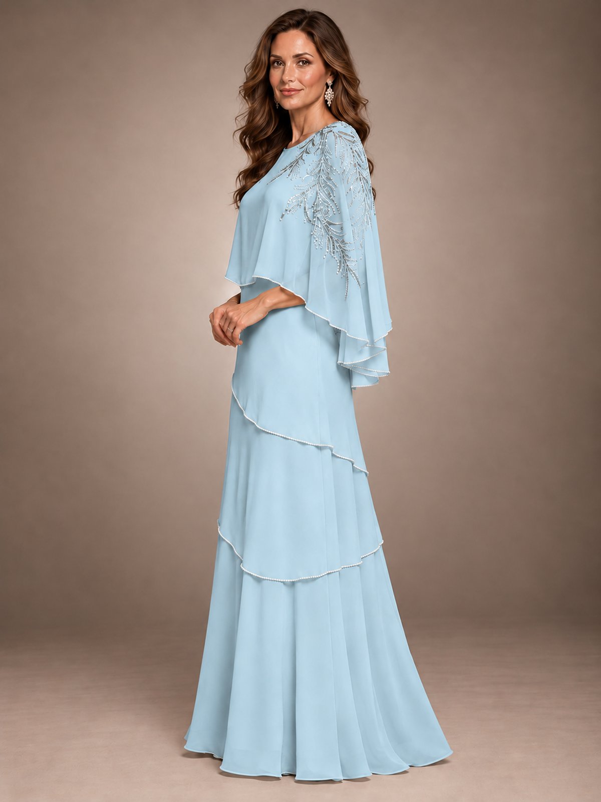 Elegant Chiffon Cape Sleeve Beaded Mother of the Bride Dress