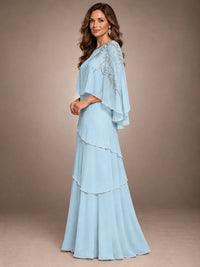 Elegant Chiffon Cape Sleeve Beaded Mother of the Bride Dress