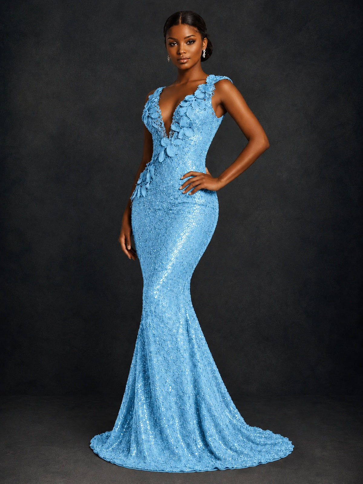Gold Sequin Floral Applique Mermaid Prom Dress