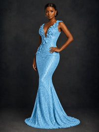 Gold Sequin Floral Applique Mermaid Prom Dress