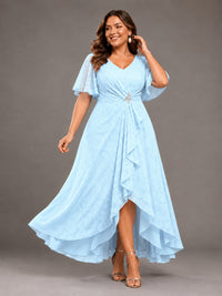 Jacquard Chiffon A-Line V-Neck High-Low Mother of the Bride Dress