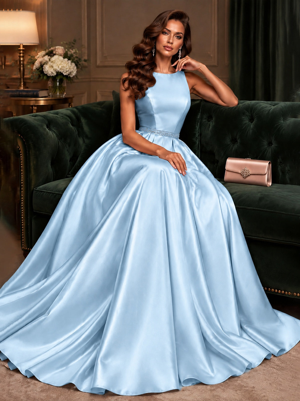 Satin A-Line Prom Dress Sleeveless Beaded Waist Formal Gown with Pockets