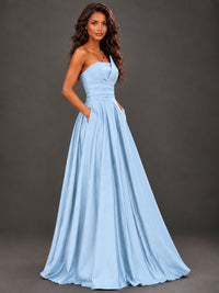 Draped Satin Prom Dress Strapless A-line Formal Dress Floor Length