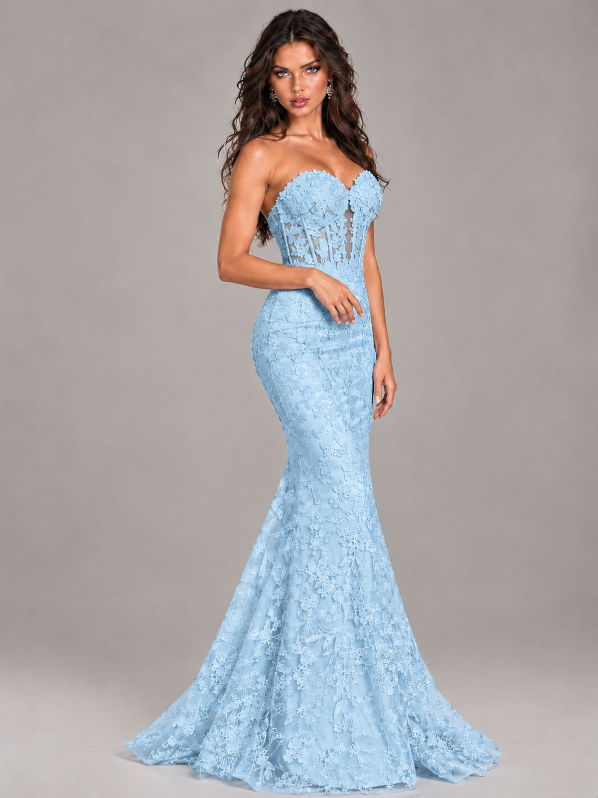 Strapless Corset Mermaid Prom Dress Lace Appliqué Formal Gown