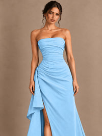 Black and White Strapless Ruched Prom Dress with High Slit & Side Drape