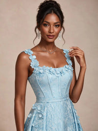 Light Blue 3D Floral Jacquard Prom Dress with Detachable Overskirt Corset Gown