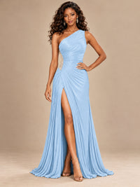 Burgundy One Shoulder Ruched Prom Dress with High Slit & Beaded Waist