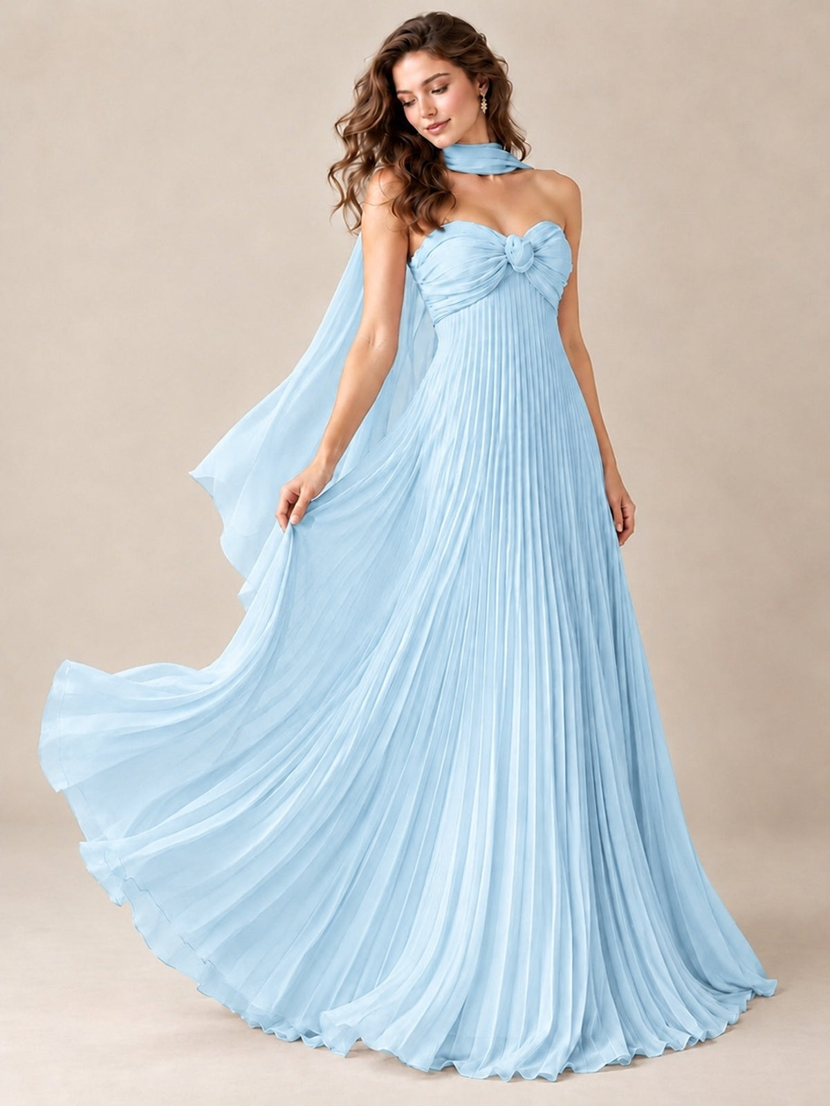 Sweetheart Neckline Pleated Prom Dress Strapless A-line Formal Dress with Flowy Scarf