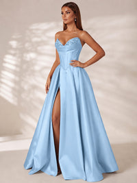 Strapless Corset Satin Prom Dress Long Evening Gown with High Slit