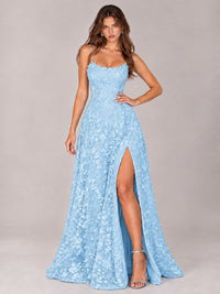 Floral Lace A-Line Prom Dress with Spaghetti Straps & High Slit