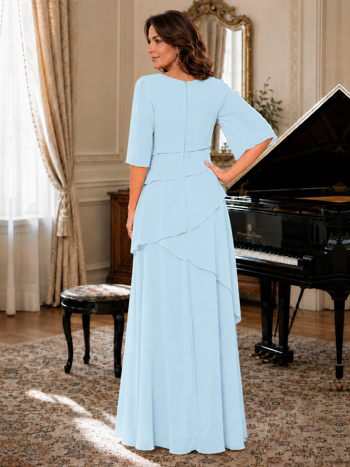 Asymmetric Draped Chiffon Mother of the Bride Dress with Flutter Sleeves