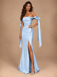 Off The Shuolder Satin Prom Dress Slit Mermaid Formal Gowns