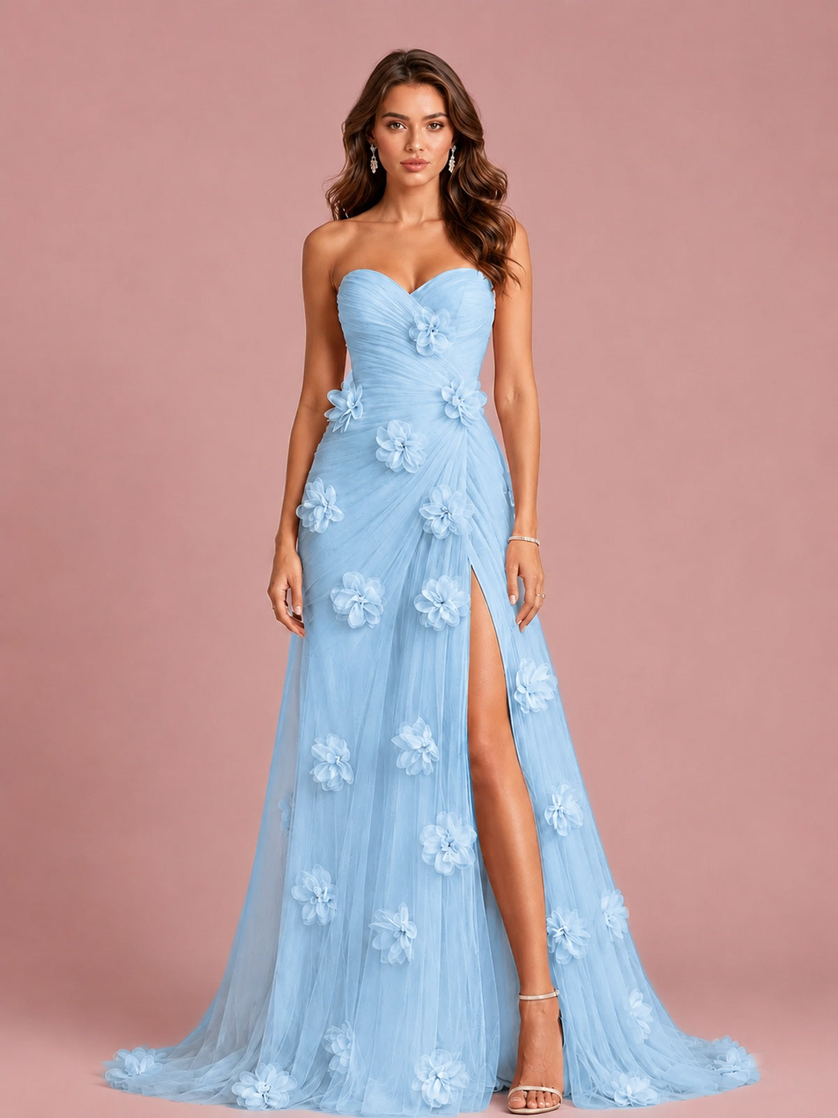 3D Floral Applique Strapless Tulle Prom Dress with High Slit