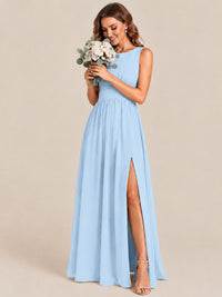 A-line Sleeveless Rucehd Chiffon Bridesmaid Dress with High Slit