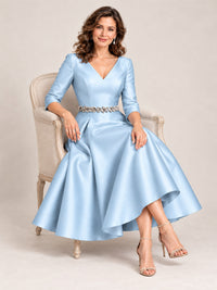 V-Neck Tea-Length Mother of the Bride Dress with Embellished Waist