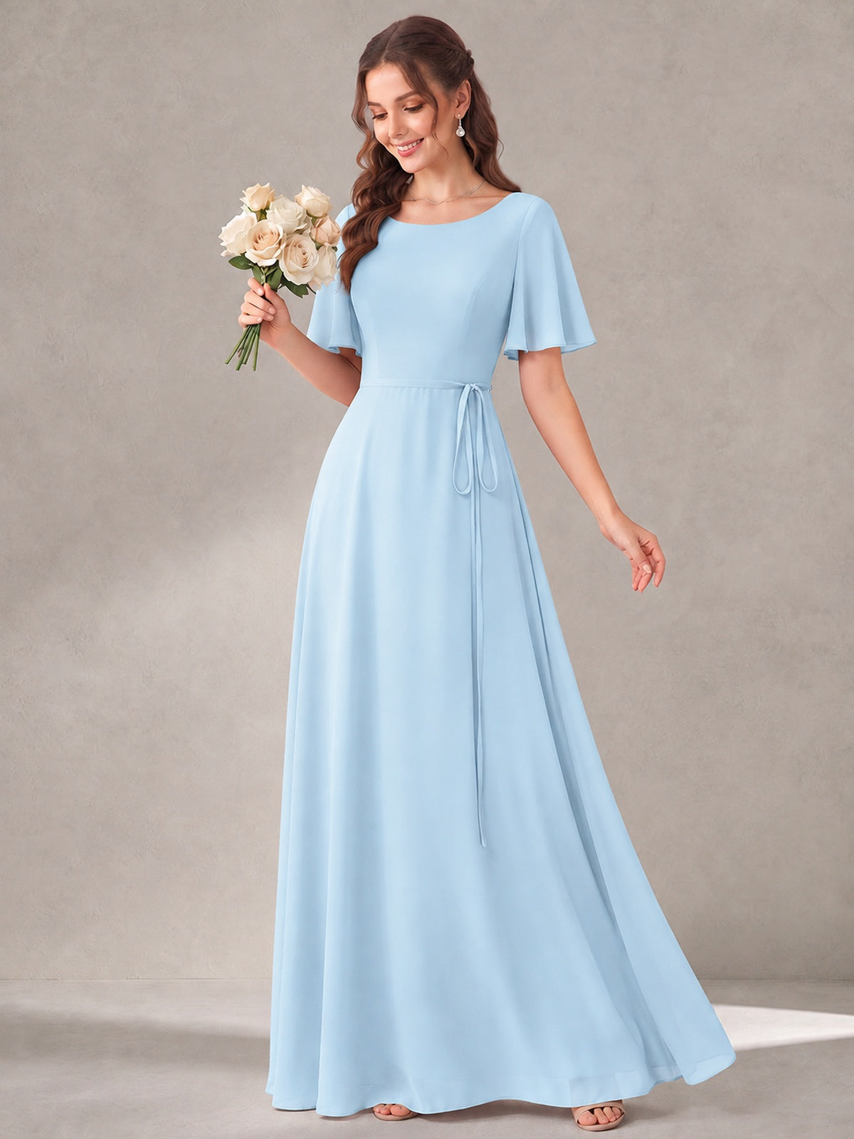Scoop Neck A-line Chiffon Bridesmaid Dress with Flutter Sleeve & Belt