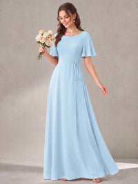 Scoop Neck A-line Chiffon Bridesmaid Dress with Flutter Sleeve & Belt