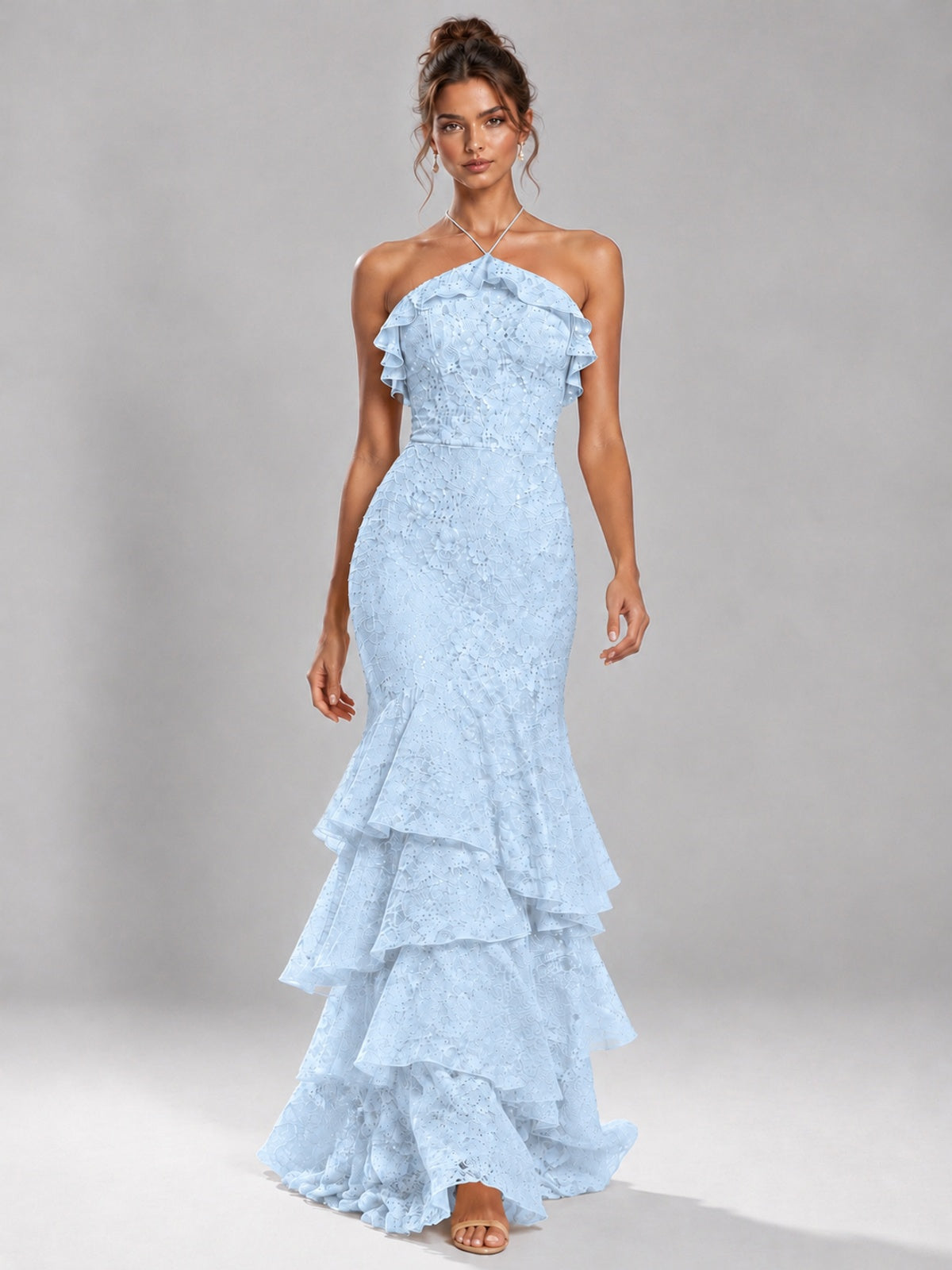 Halter Tiered Mermaid Prom Dress with Sparkly Lace