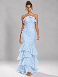 Halter Tiered Mermaid Prom Dress with Sparkly Lace