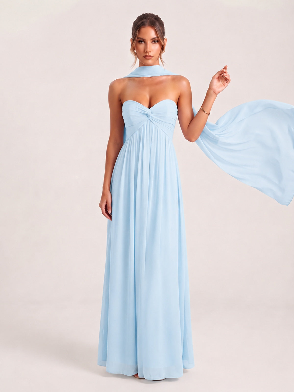 Strapless Ruched Chiffon Long Prom Dress with Scarf