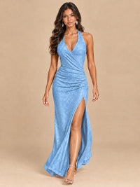 Halter V-Neck Sequin Mermaid Prom Dress with High Slit