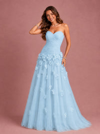 Blush Pink Strapless Sweetheart 3D Floral Tulle Ball Gown Prom Dres