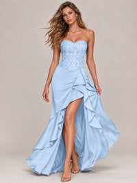 Strapless Lace Appliques Corset Satin Prom Dress Ruffle Slit Evening Gown