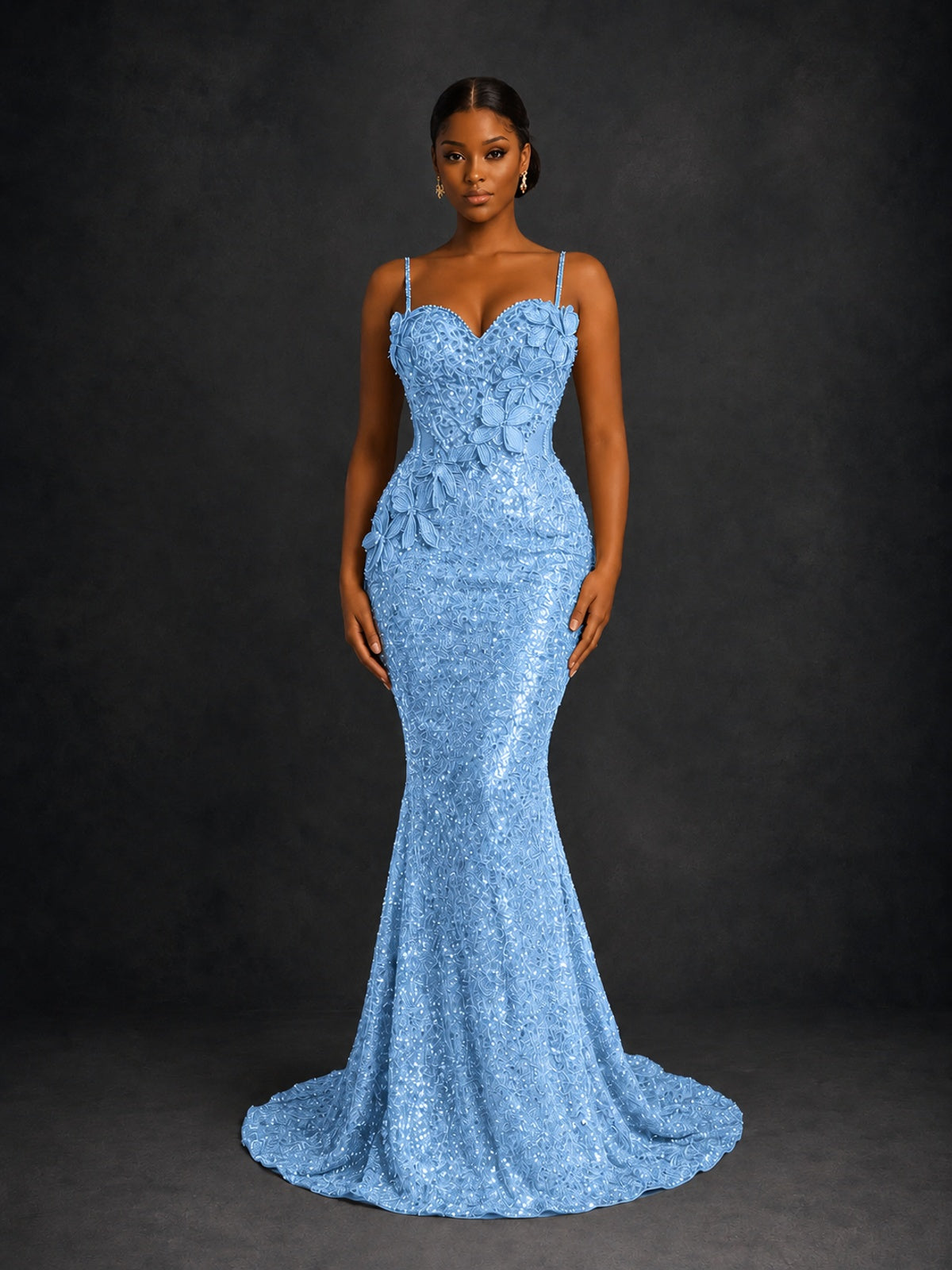 Sequin Mermaid Prom Dress with Floral Applique