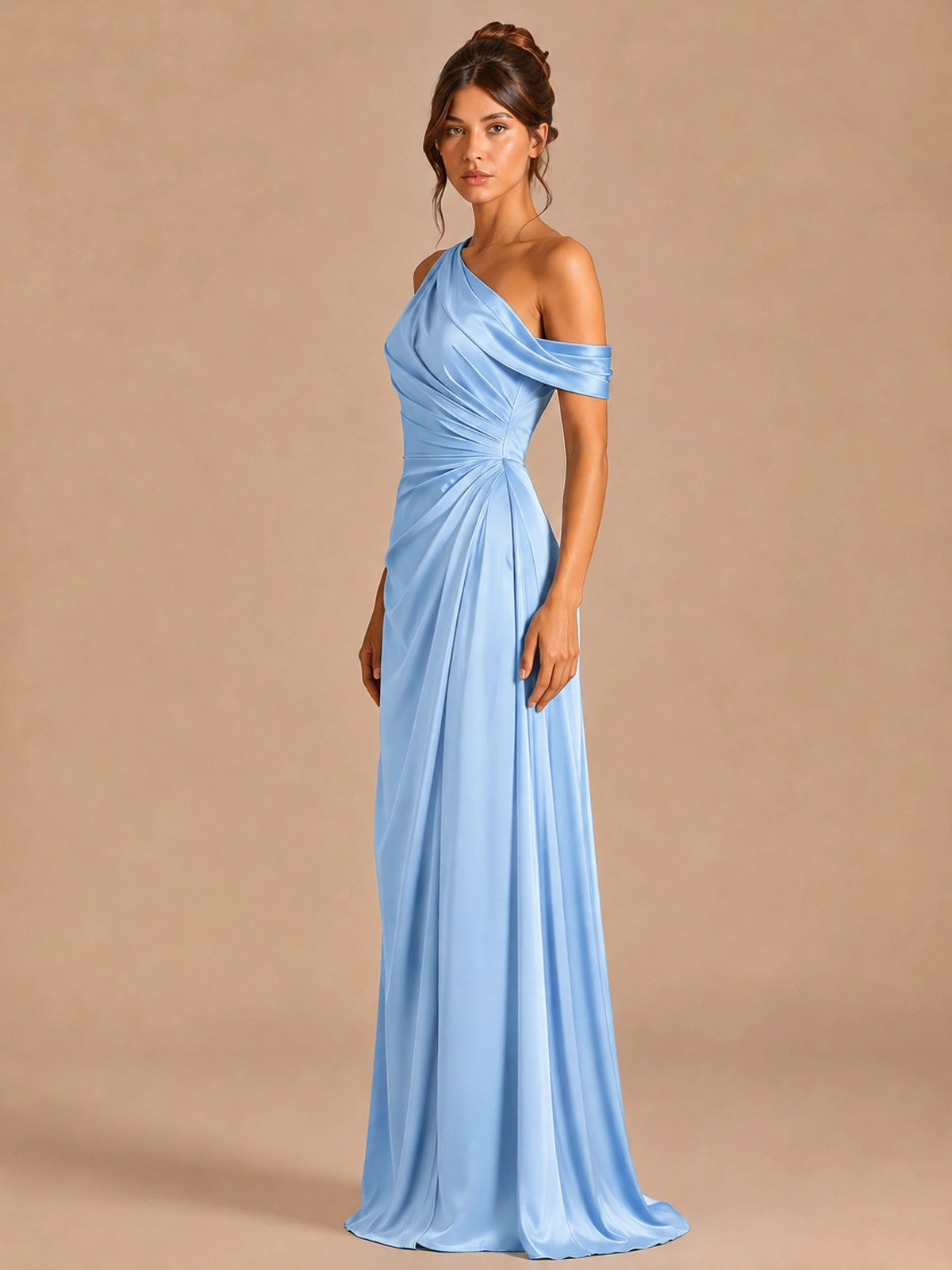 Satin One Shoulder Prom Dress Ruched Long Formal Evening Gown