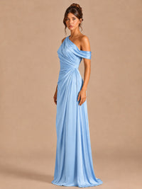 Satin One Shoulder Prom Dress Ruched Long Formal Evening Gown