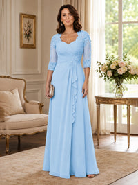 Chiffon Lace Applique Mother of the Bride Dress with 3/4 Sleeves