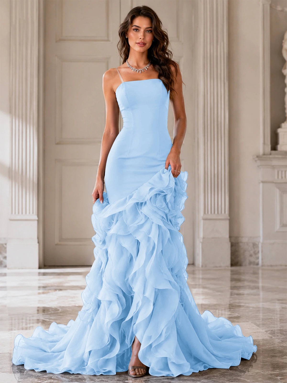 Mermaid Formal Evening Dress with Layered Ruffle Train