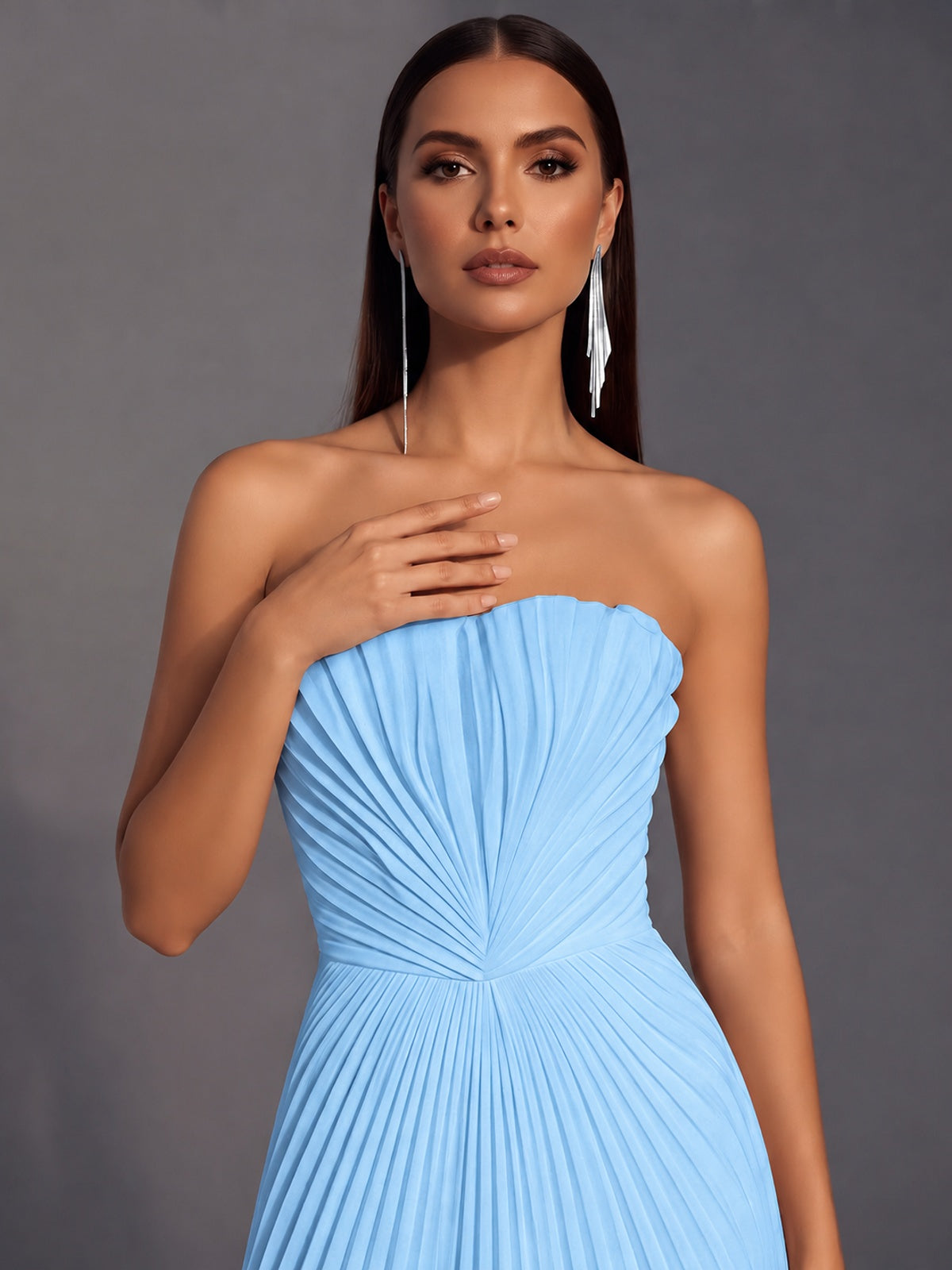 Strapless A-line Long Pleated Satin Prom Dress